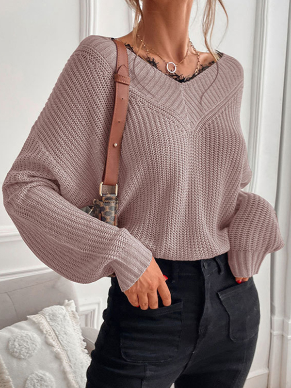 Women's patchwork lace pullover solid color knitted sweater - Image 16