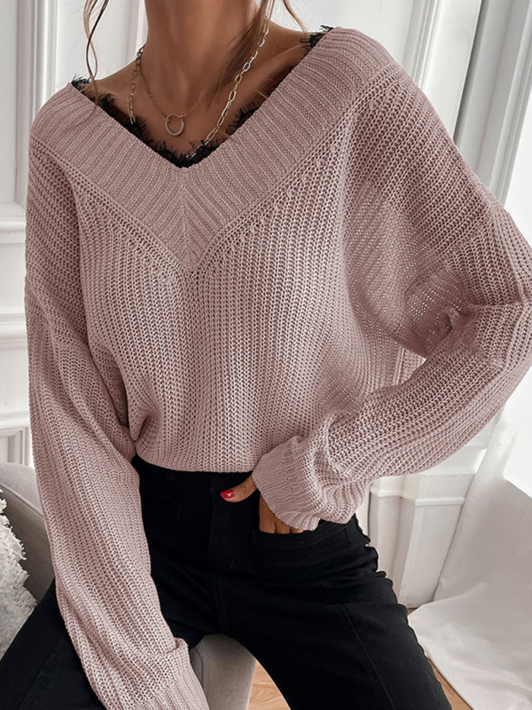 Women's patchwork lace pullover solid color knitted sweater - Image 15