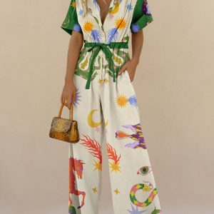 Women's street style women's printed cotton trousers jumpsuit high waist casual pants