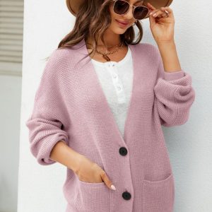 New loose solid color knitted cardigan with elegant V-neck sweater cardigan jacket