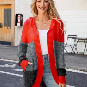 New lazy style contrasting casual mid-length hooded knitted cardigan