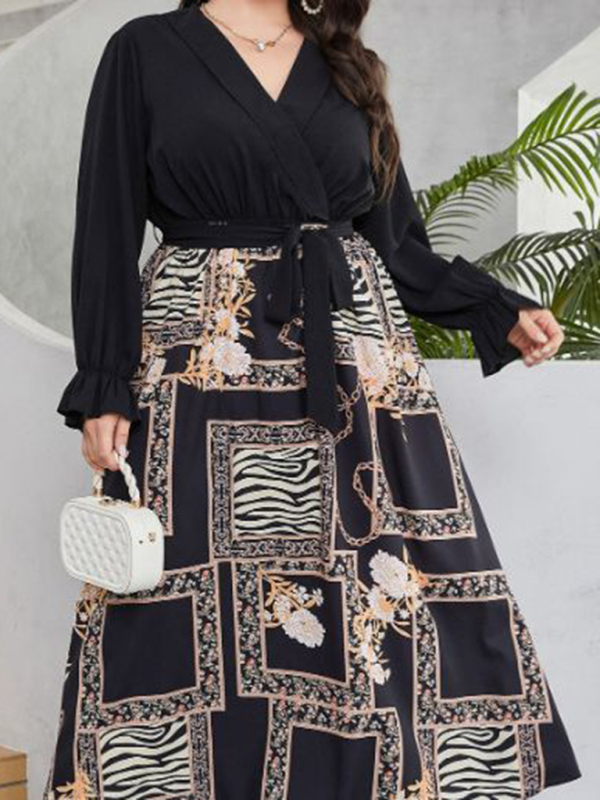 New style plus size women's temperament age reduction simple tie print dress - Image 4