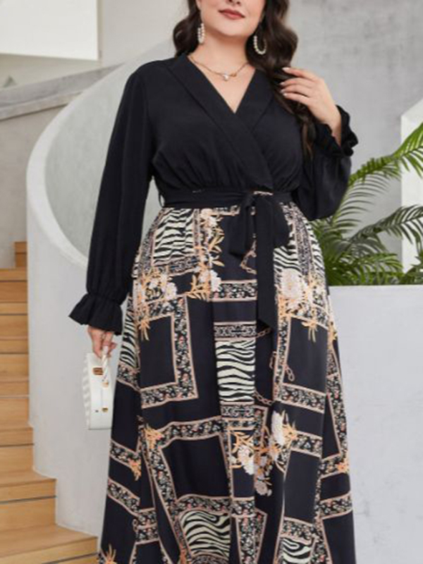 New style plus size women's temperament age reduction simple tie print dress - Image 5