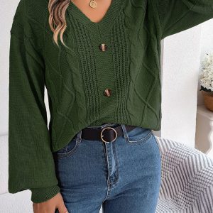 New autumn and winter solid color V-neck buttoned twist lantern sleeve pullover sweater