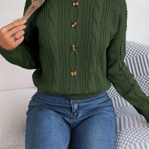 New casual solid color button twist long-sleeved pullover sweater