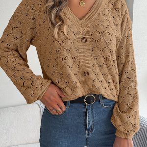 Casual V-neck buttoned hollow lantern sleeve pullover sweater