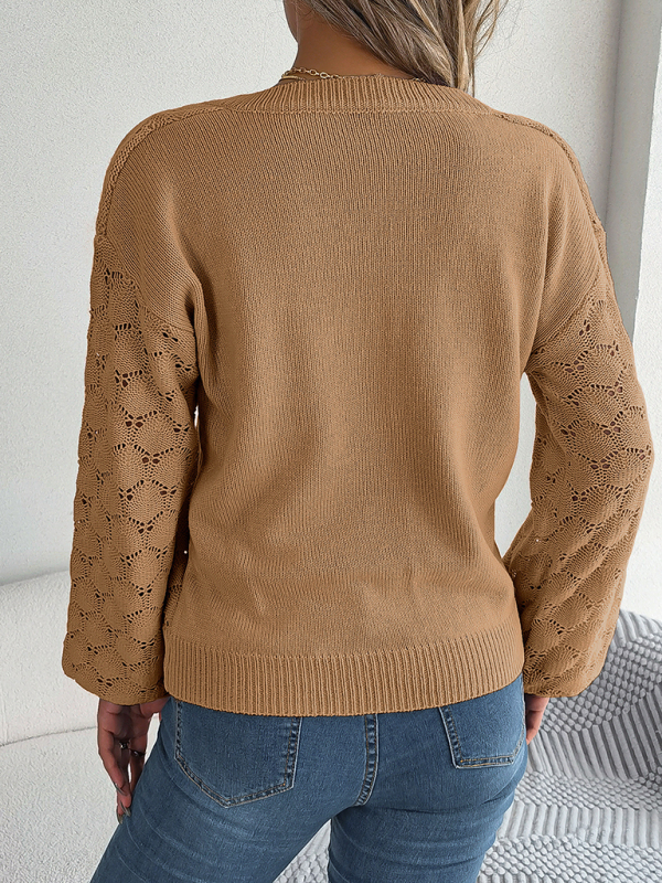Casual V-neck buttoned hollow lantern sleeve pullover sweater - Image 7