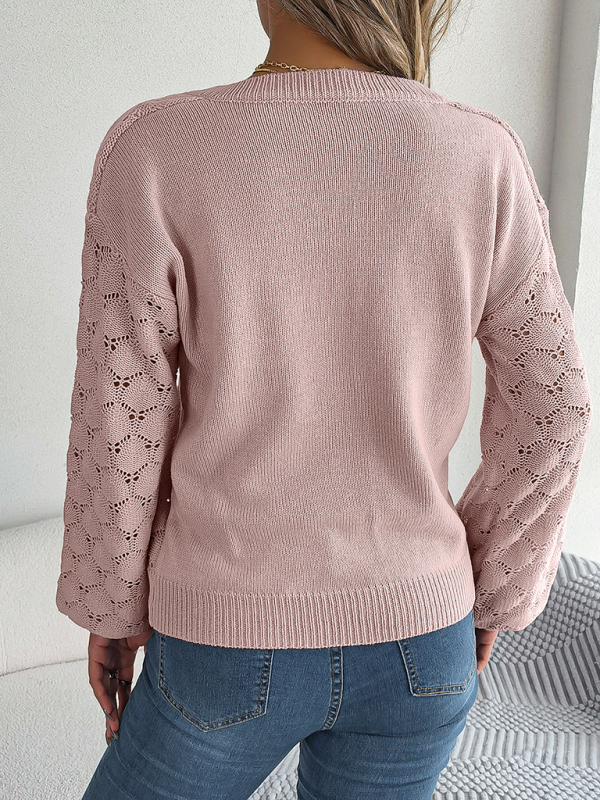 Casual V-neck buttoned hollow lantern sleeve pullover sweater - Image 11