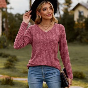 V-neck brushed pit top long-sleeved T-shirt