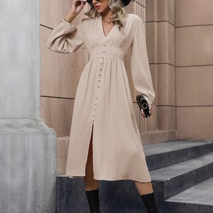 New elegant solid color long sleeve slit dress