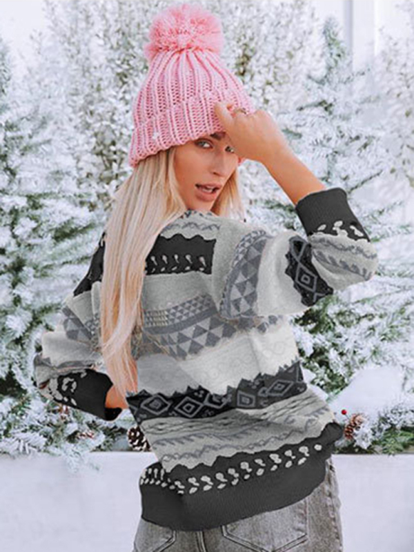 New retro pattern diamond jacquard multi-color patchwork sweater loose round neck pullover sweater - Image 12