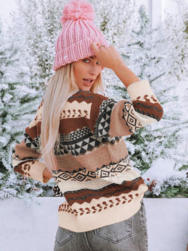 New retro pattern diamond jacquard multi-color patchwork sweater loose round neck pullover sweater - Image 5