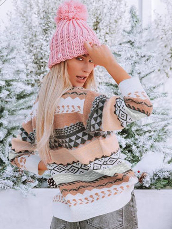 New retro pattern diamond jacquard multi-color patchwork sweater loose round neck pullover sweater - Image 10