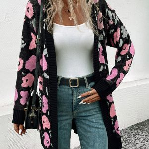 New Women's Long Sleeve Contrast Color Floral Knitted Sweater Cardigan