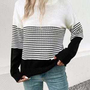 New Women's Long Sleeve Striped Contrast Color Pullover Sweater