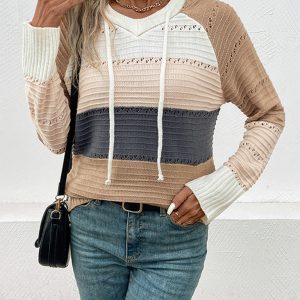 New women's hooded color block pullover sweater