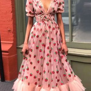 New women's French strawberry two-color sequined long skirt mesh strappy pleated dress