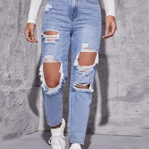 Women's washed ripped high waist straight trousers