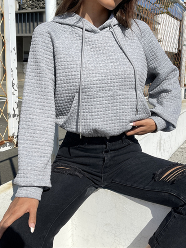 Loose pullover hooded long-sleeved patchwork waffle sweatshirt - Image 7