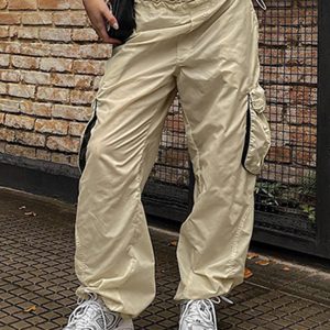 New women's loose leg drawstring three-dimensional pocket multi-pocket overalls