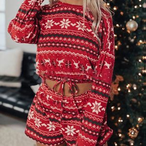 Women's Christmas long-sleeved sweatshirt shorts set