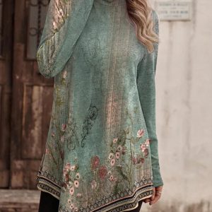 High collar bohemian print casual long sleeve T-shirt
