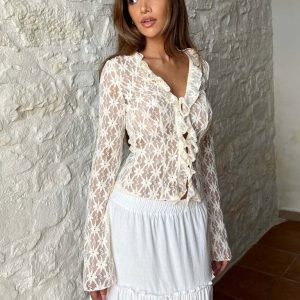 New women's fashionable slim solid color mesh hollow see-through lace long-sleeved cardigan