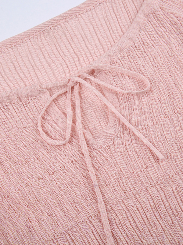 New elegant one-shoulder V-neck lace-up shoulder-length long-sleeved sweet fungus-trimmed sweater - Image 4