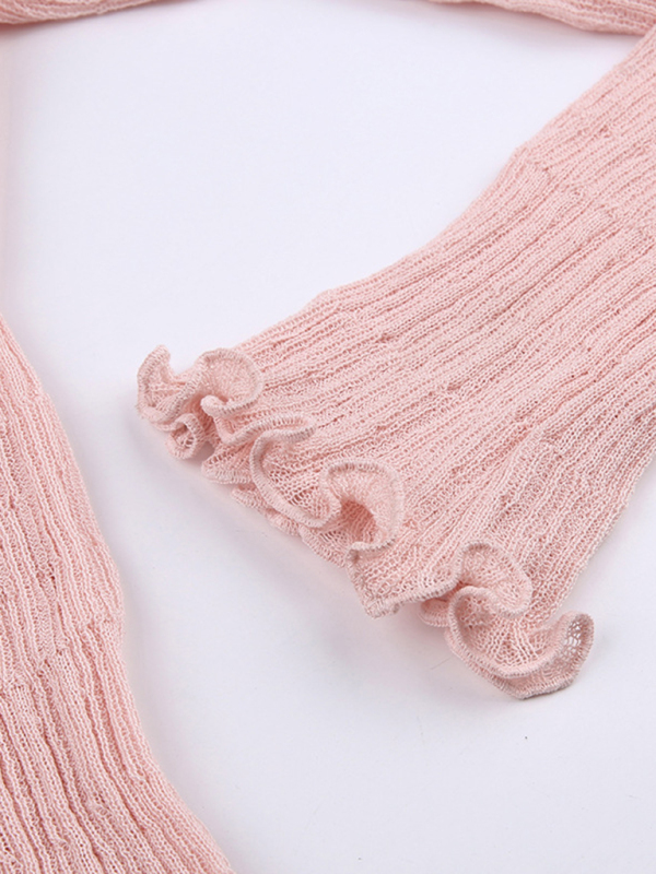 New elegant one-shoulder V-neck lace-up shoulder-length long-sleeved sweet fungus-trimmed sweater - Image 3