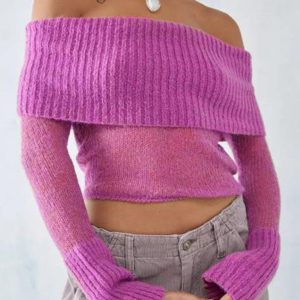 Women's Solid Knit Polyester Sweater with Slight Elasticity