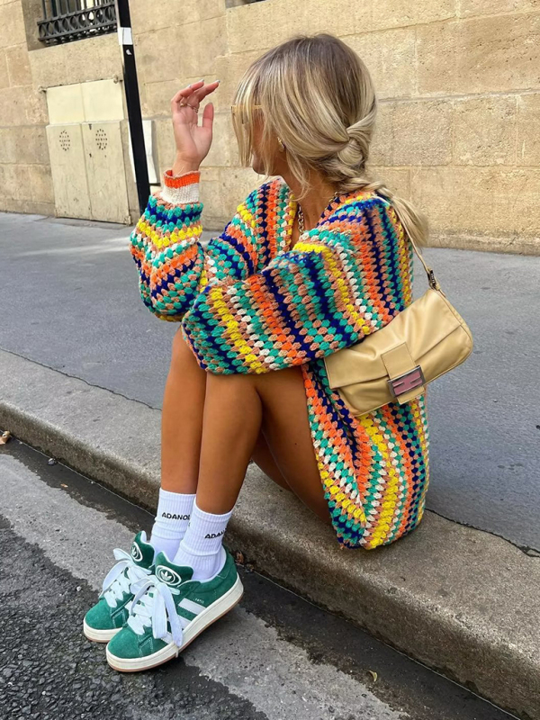 Women's Street Fashion Cardigan Multicolor Hand Crochet Sweater - Image 3