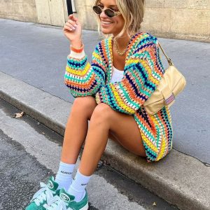Women's Street Fashion Cardigan Multicolor Hand Crochet Sweater