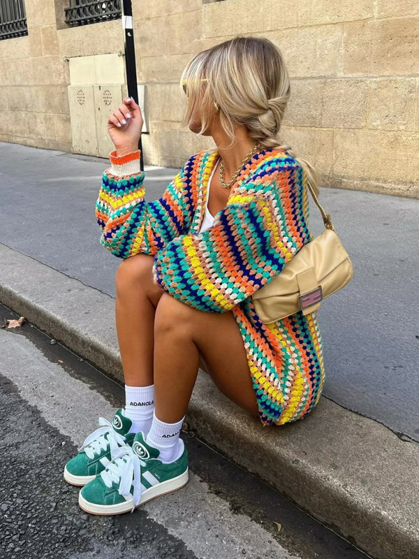 Women's Street Fashion Cardigan Multicolor Hand Crochet Sweater - Image 2
