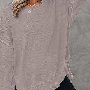 Women's round neck long sleeve side slit waffle knit top
