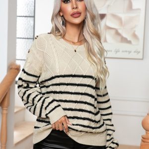 Women's Casual Button Striped Long Sleeve Pullover Sweater