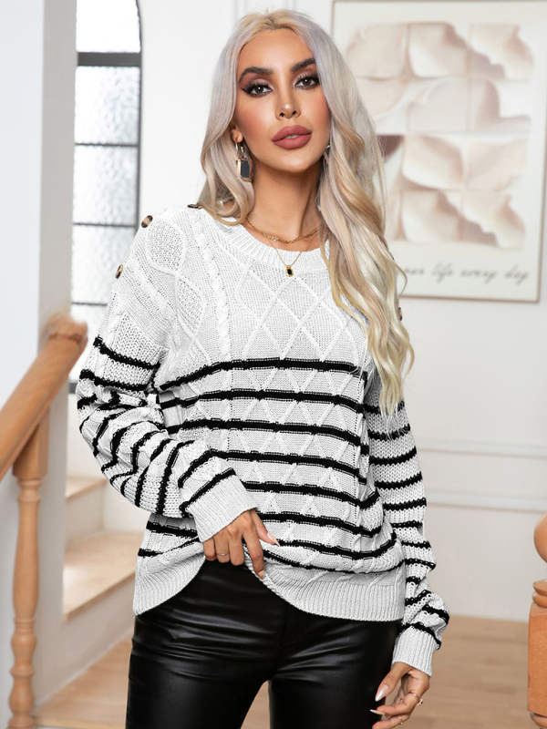 Women's Casual Button Striped Long Sleeve Pullover Sweater - Image 10