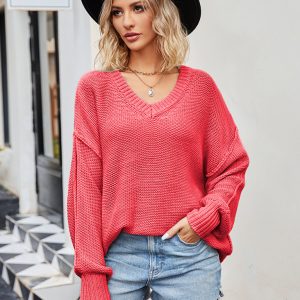 Women's V-neck loose pullover sweater