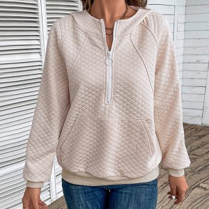 Women's hooded long-sleeved solid color diamond check sweatshirt
