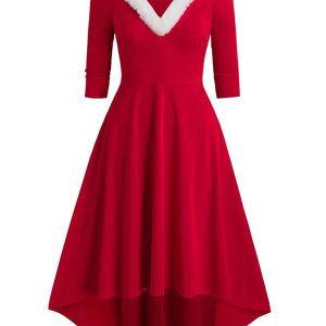 Christmas long-sleeved plush high-low deep V off-the-shoulder dress