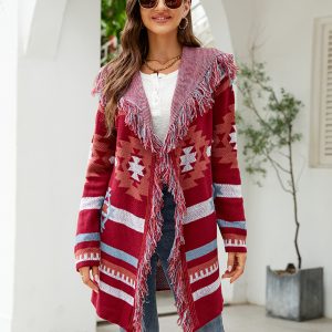 Women's fringed geometric jacquard sweater cardigan