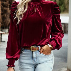Women's gold velvet turtleneck bow puff sleeve shirt