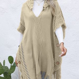 Women's casual loose V-tie hooded pullover mid-length sweater vest cloak top jacket