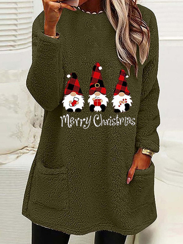 Women's Long Sleeve Casual Round Neck Pullover Pocket Christmas Plush Sweatshirt