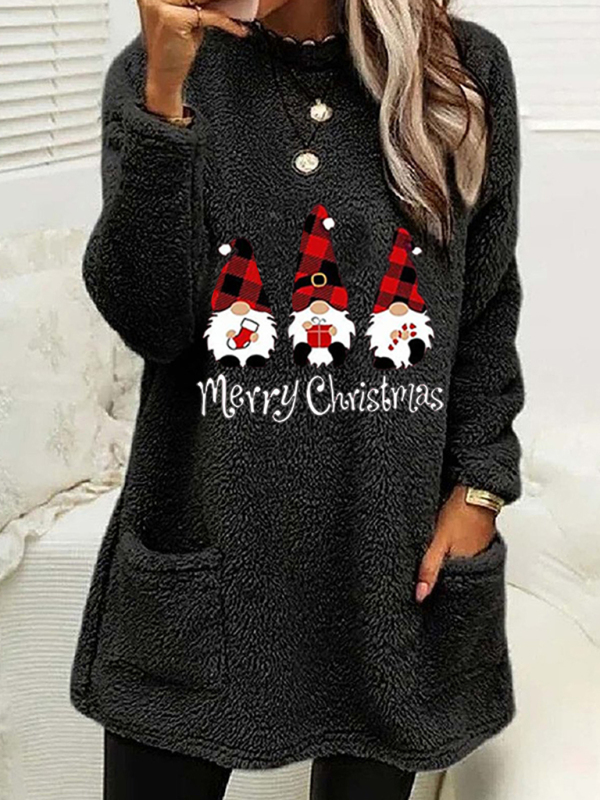 Women's Long Sleeve Casual Round Neck Pullover Pocket Christmas Plush Sweatshirt - Image 5