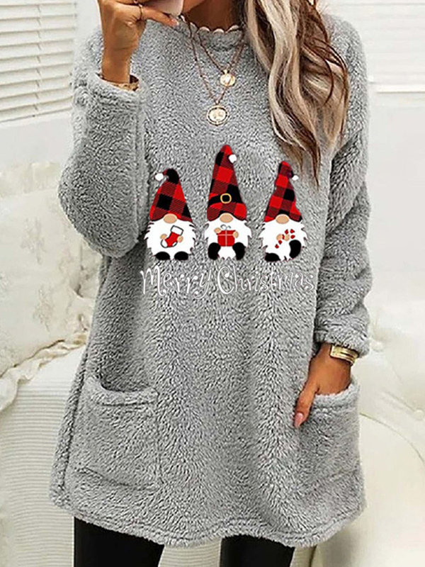 Women's Long Sleeve Casual Round Neck Pullover Pocket Christmas Plush Sweatshirt - Image 6