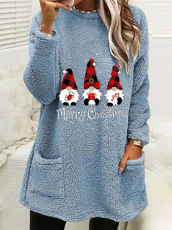 Women's Long Sleeve Casual Round Neck Pullover Pocket Christmas Plush Sweatshirt - Image 4