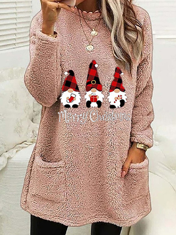 Women's Long Sleeve Casual Round Neck Pullover Pocket Christmas Plush Sweatshirt - Image 3