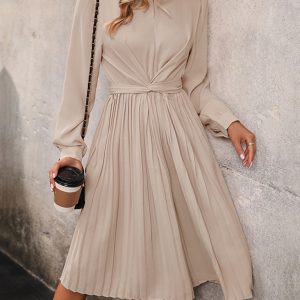 New women's long sleeve solid color pleated waist dress
