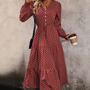 New women's long sleeve printed V-neck waist dress
