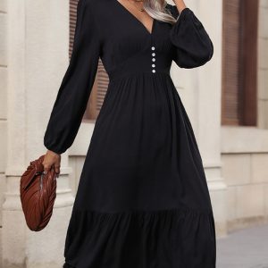 New women's long-sleeved solid color V-neck waist dress
